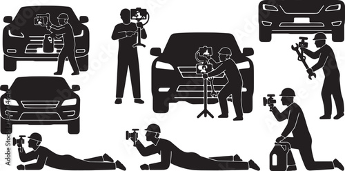 Black Solid Auto Mechanic Smartphone Tutorial Silhouettes Set of Six on White Background