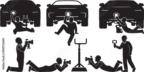 Black Solid Auto Mechanic Smartphone Tutorial Silhouettes Set of Six on White Background