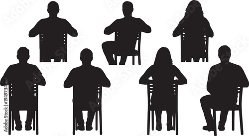 Black Solid Backward Chair Sitting Silhouettes Set of Six on White Background