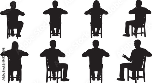 Black Solid Backward Chair Sitting Silhouettes Set of Six on White Background
