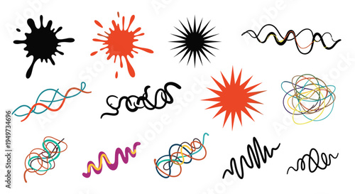 Assorted collection of abstract colorful ink splats, chaotic scribbles, and wavy lines representing creative expression and messiness.