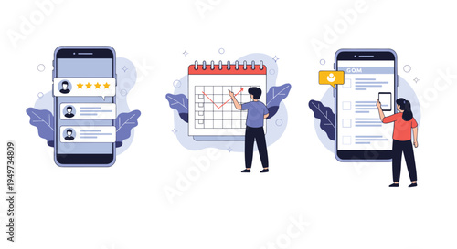 Diverse scenes showing people using mobile phones for writing reviews, checking calendars, and browsing social media applications.