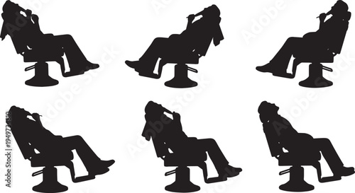 Black Solid Barbershop Vintage Chair Sitting Silhouettes Set of Six on White Background