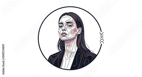 Stylized artistic portrait of a woman's face with intricate line work and subtle coloring enclosed within a circular frame design.