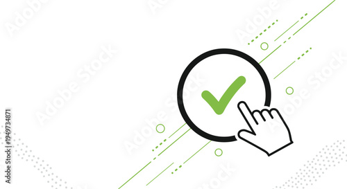 Hand icon with a finger clicking a green checkmark symbol inside a black circle with diagonal green lines in the background.