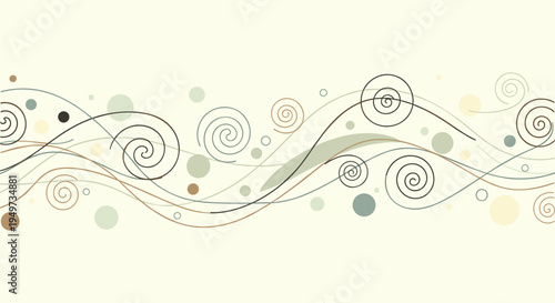 Abstract wave pattern composed of swirling lines and colorful circles in muted tones for a soft and flowing decorative background.