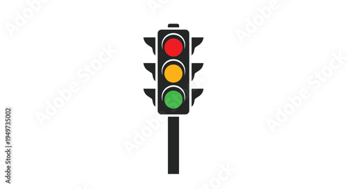 Standard vertical traffic signal with red amber and green lights illuminated for road safety and transportation concepts.