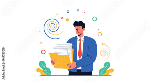 Professional businessman reviewing documents in an office folder against a background of creative colorful abstract shapes.