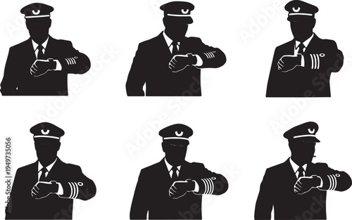 Black Solid Captain Checking Wristwatch Time Set of Six