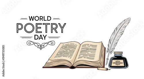 Vector illustration of an open book, quill pen, and inkwell with 'World Poetry Day' text in a decorative design on a white background, symbolizing poetry celebration and literary arts