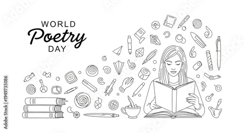 A woman reads a book surrounded by various literary and poetic symbols on World Poetry Day with a creative writing concept.