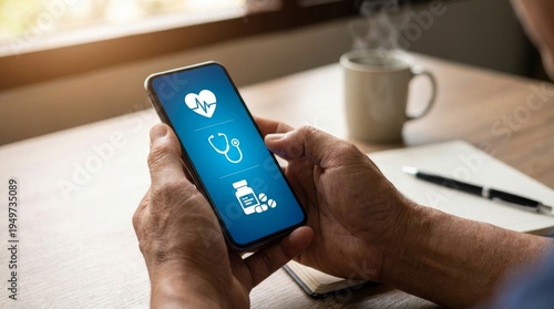 Person holding smartphone with medical app icons, heart rate, stethoscope and pills, technology for health
