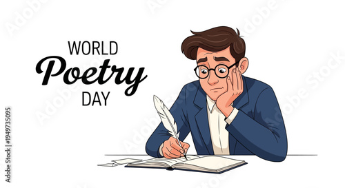 Illustration of a man writing poetry on World Poetry Day with a quill pen and notebook in a thoughtful pose.
