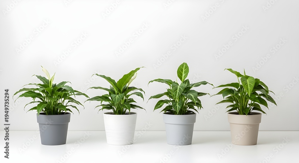Obraz premium Four potted plants with lush green leaves on white background