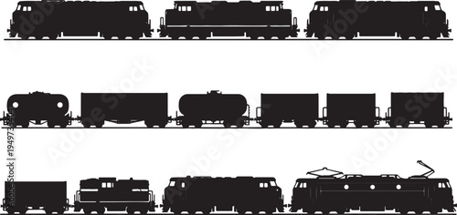 Black Solid Diverse Cargo Train Silhouettes Set of Six on White Background