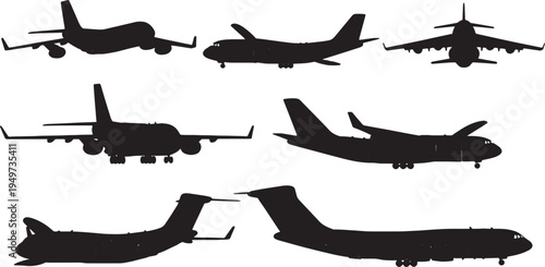 Black Solid Cargo Plane Silhouettes Set of Six on White Background