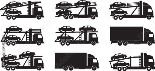 Black Solid Various Types of Car Hauler Silhouettes Set of Six on White Background