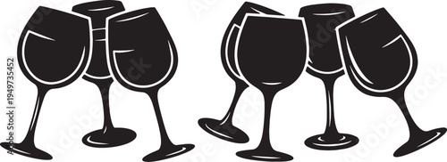 Black Solid Cartoon Wine Glasses Silhouettes Set of Six on White Background