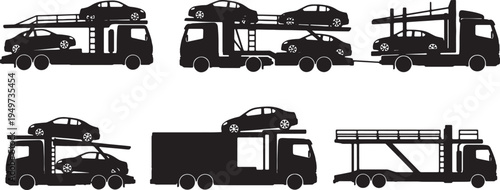 Black Solid Car Transporter Silhouettes Set of Six on White Background