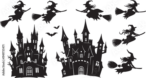 Black Solid Castle Flight Witch Silhouettes Set of Six on White Background