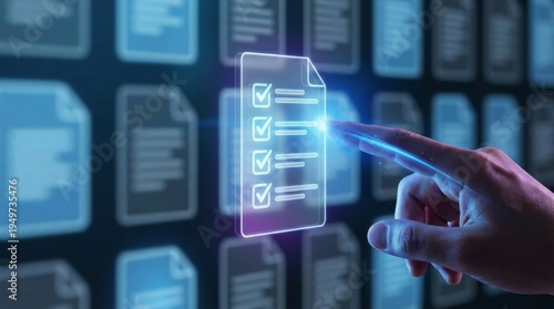 Hand touching glowing digital document checklist on futuristic interface screen, data organization concept