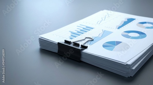 Stack of Financial Reports with Charts and Graphs Held by Binder Clip on Modern Desk