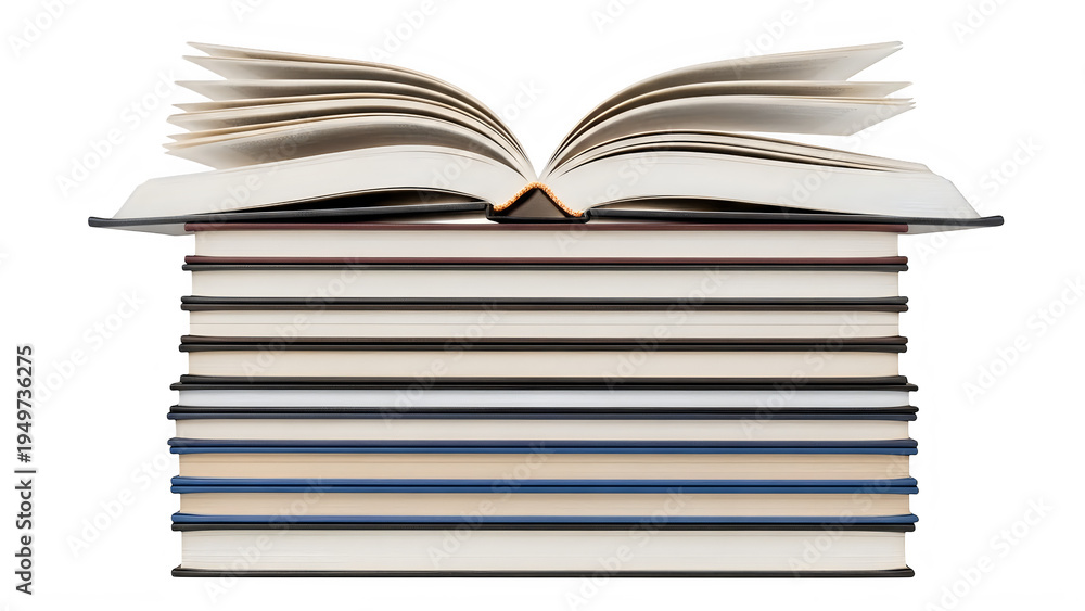 Naklejka premium A stack of books with an open book on top isolated on transparent background