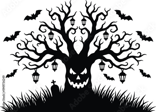 Halloween haunted tree silhouette with pumpkin face bats lanterns graveyard spooky night vector illustration horror decoration design