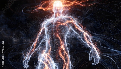 futuristic human body powered by glowing brain