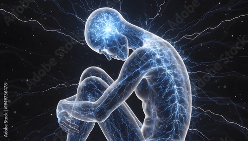Holographic human body with glowing neural network, depicting mental health and technology