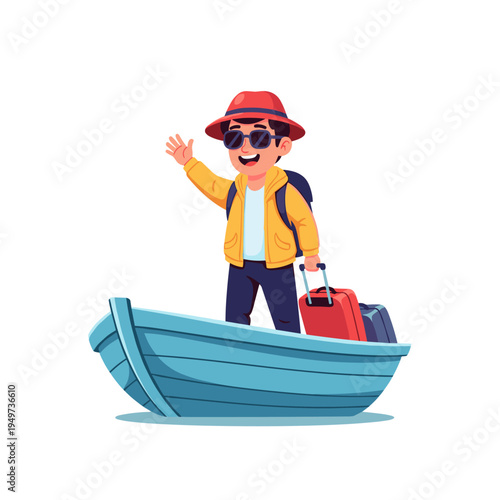 Cute Cartoon Boy Traveler Standing in Blue Boat Waving with Suitcase Summer Vacation Illustration