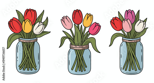 Spring tulip flower arrangements in mason jars, colorful hand-drawn bouquets of tulips in glass jars, floral vector set perfect for greeting cards, invitations, and seasonal artwork.