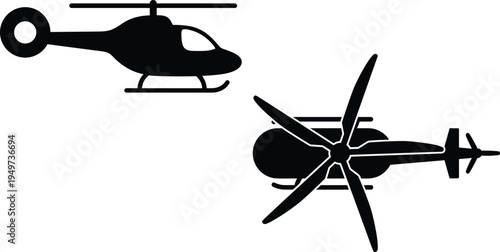 Helicopter silhouette side and top view aircraft chopper aviation transport vector illustration isolated black flying vehicle design
