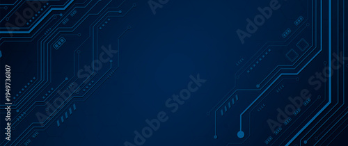 Deep blue circuit board technology background with electronic connection lines and microchips
