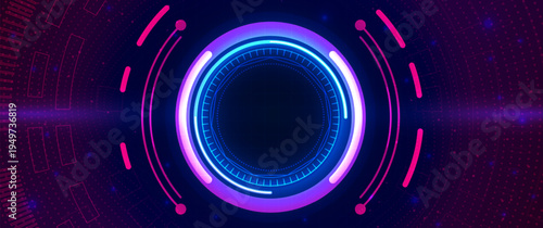 Futuristic neon pink and cyan circular HUD interface on dark purple technology background