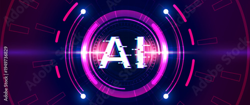 Artificial intelligence AI glitch effect inside futuristic neon circular HUD interface