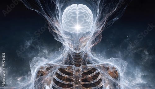 Surreal digital painting of glowing human skeleton with brain