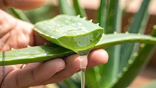 A captivating close-up shot features hands delicately extracting fresh, clear aloe vera gel from a vibrant green, freshly cut leaf. The translucent, viscous sap slowly drips, showcasing the natural pu
