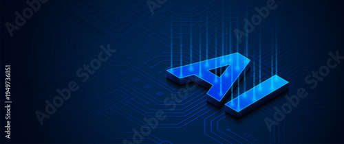 3D blue AI artificial intelligence text glowing on dark circuit board background