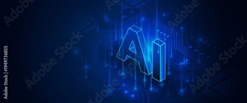 Blue glowing isometric artificial intelligence text letters stand upon dark electronic circuit