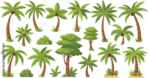 Tropical Palm Tree Illustration Set with Coconut Palms and Island Greenery in Sketch Style for Summer Travel Branding Beach Theme Graphics and Exotic Nature Vector Elements