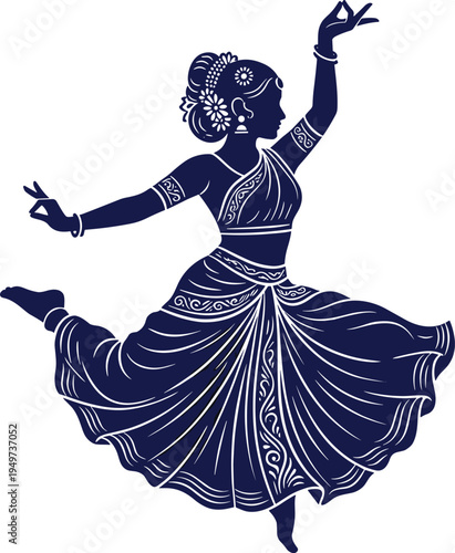Indian classical dancer silhouette traditional Bharatanatyam dance pose elegant cultural performance vector illustration isolated ethnic art design