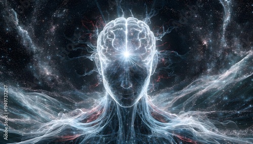 Cosmic human figure with neural networks and glowing brain in space