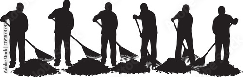 Black Solid Autumn Groundskeeper Metal Rake Role Silhouettes Set of Six on White Background