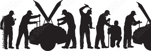 Black Solid Automotive Mechanic Socket Wrench Role Silhouettes Set of Six on White Background