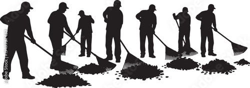 Black Solid Autumn Groundskeeper Metal Rake Role Silhouettes Set of Six on White Background