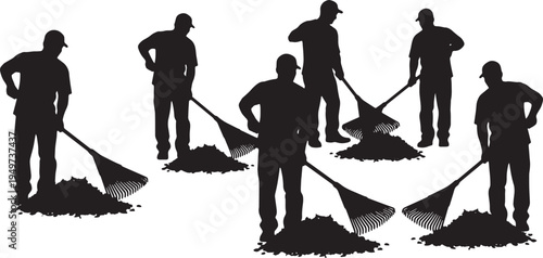 Black Solid Autumn Groundskeeper Metal Rake Role Silhouettes Set of Six on White Background
