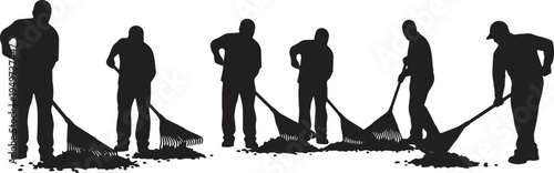 Black Solid Autumn Groundskeeper Metal Rake Role Silhouettes Set of Six on White Background