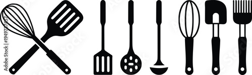 Kitchen Cooking Utensils Silhouette Vector Set – Spatula, Whisk, Ladle, Fork and Kitchen Tools Icon Collection