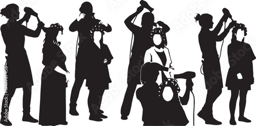 Black Solid Beauty Stylist Blow Dryer Role Silhouettes Set of Six on White Background